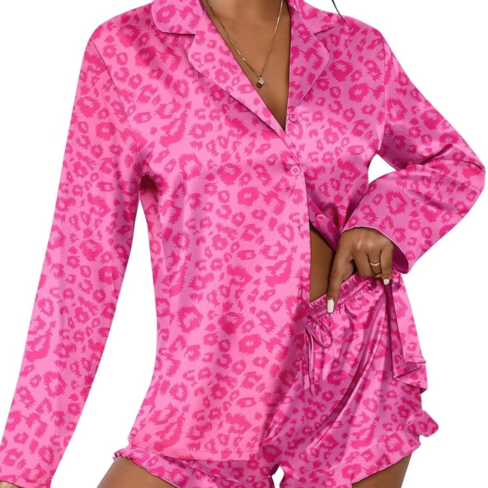 Women’s Pink Leopard Satin Pajama Set - Brand